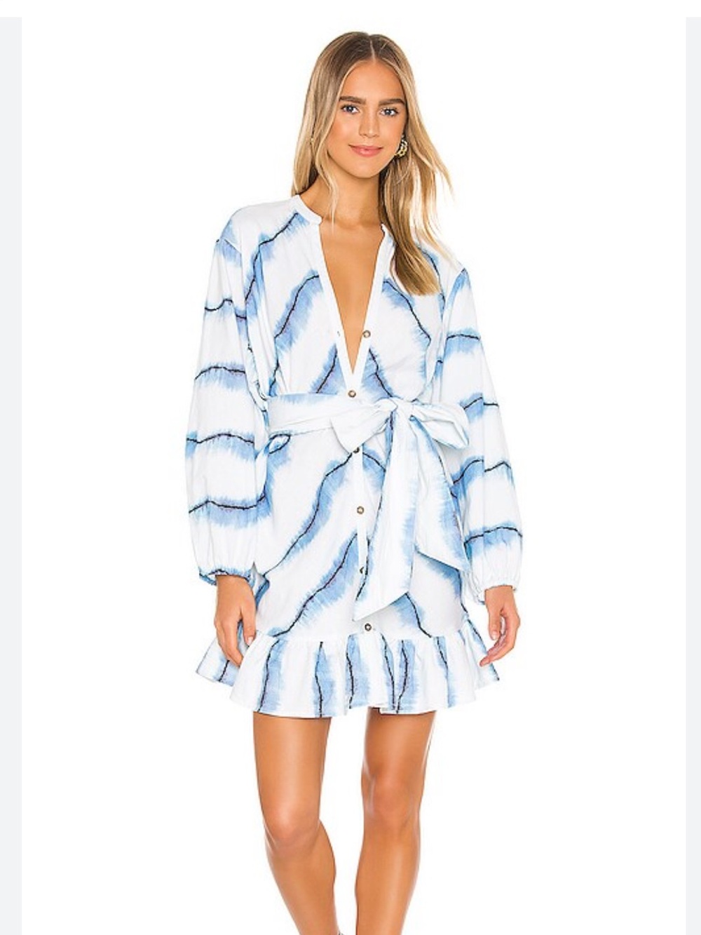 Suboo White and Blue Tie-Dye Button Mini Dress